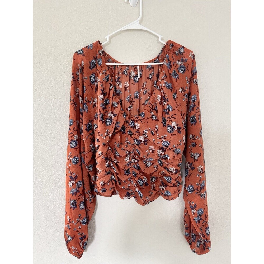 Free People Final Rose Boho Chic Floral Ruched Blouse Top Size M Rust Classic